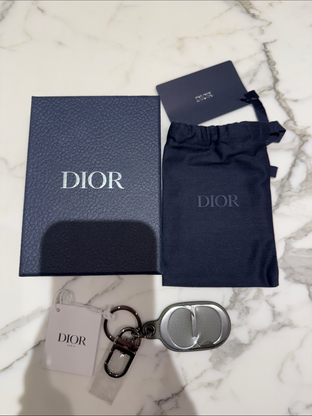 Dior Men’s Silver Metal Keyring with Navy Branded Pouch - Picture 2 of 5